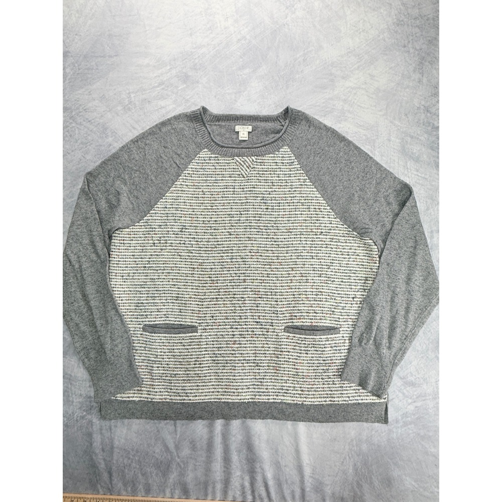 J Crew Womens sz XL Gray Tweed Front Merino Wool Blend Sweater preppy academia